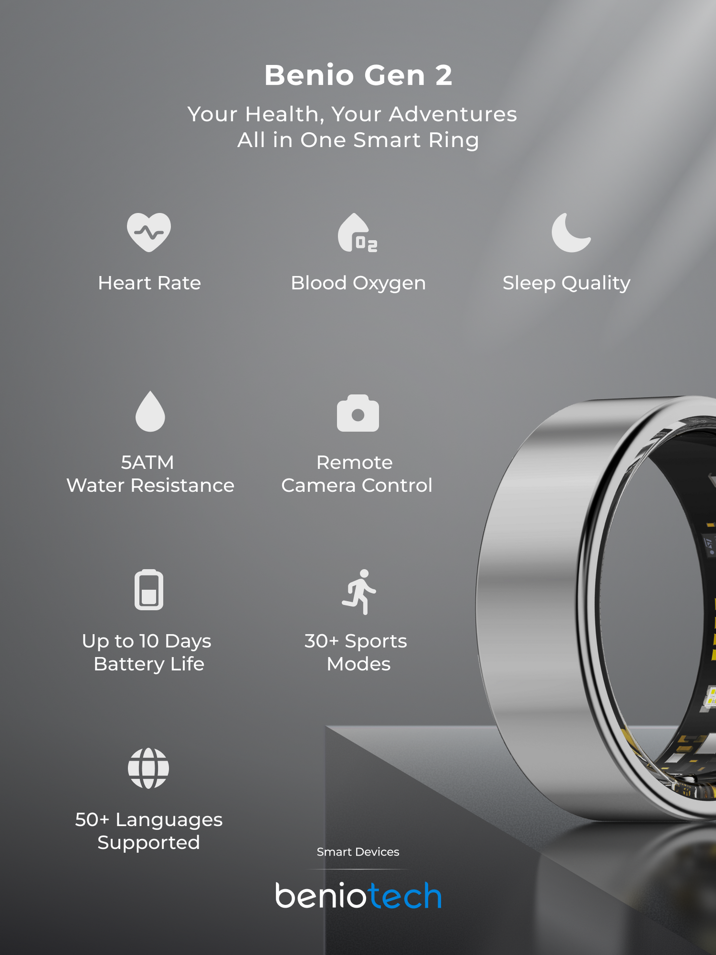 Benio Smart Ring Benio Gen 2 Smart Ring - Premium Titanium Health & Fitness Tracker