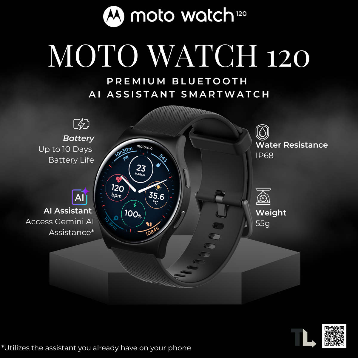 Motorola Smart Watch Moto Watch 120 Premium Bluetooth AI Assistant Smartwatch - Motorola Phantom Black