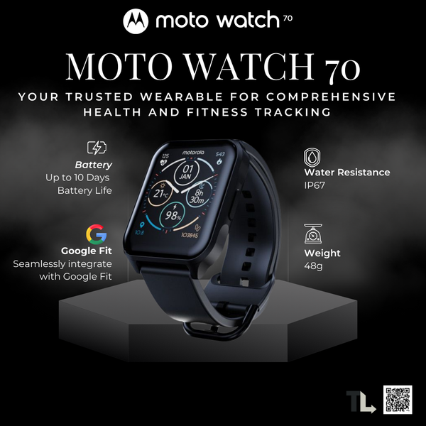 Motorola Smart Watch Moto Watch 70 Health and Fitness Smartwatch - Motorola Phantom Black