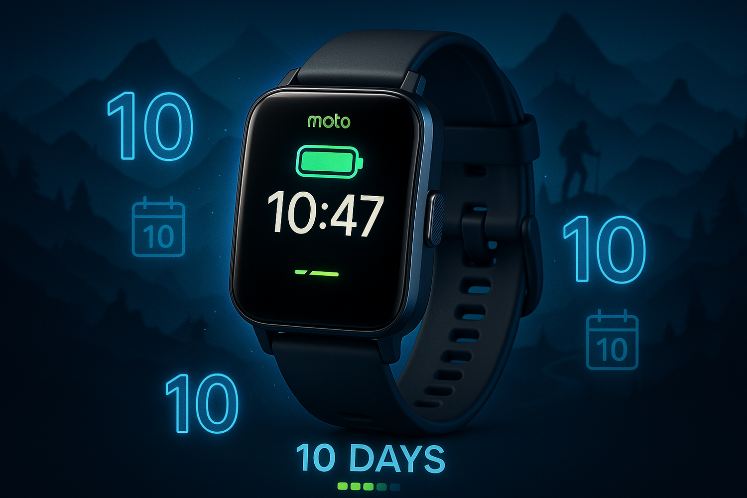 Keep your adventures uninterrupted with 10 days reliable power. The Moto Watch 70 intelligently monitors its battery life and notifies you when its time to recharge.

